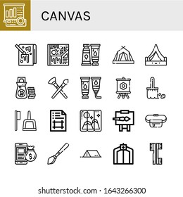 canvas simple icons set. Contains such icons as Projector screen, Painting, Art, Paint tube, Tent, Money bag, Paint brush, Canvas, Brush, can be used for web, mobile and logo