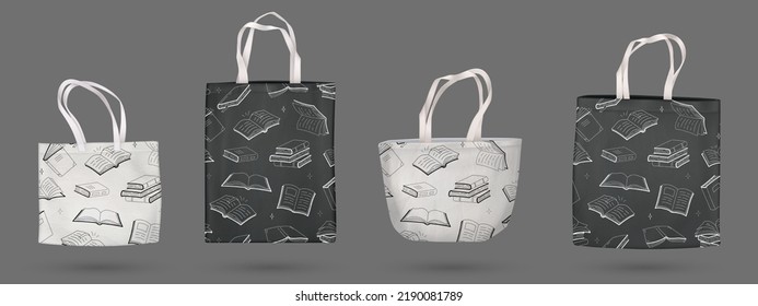 Canvas or tote bags with books print. Cloth totebag with handle made of fabric and eco linen 3d mockup. Black and white cotton reusable shopping pouch for shopper and grocery Realistic vector template