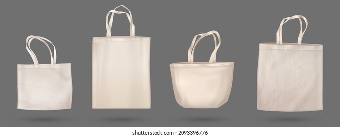 Canvas or tote bags made of of fabric and eco linen 3d mockup. Cloth totebag with handle, white cotton reusable shopping pouch for shopper and grocery isolated template, Realistic vector illustration