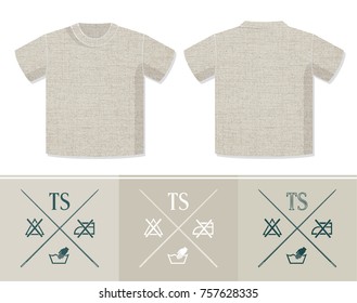 Canvas T-Shirt Vector Template with TS and Needles Retro Logos Front and Back View of the Unisex Garment Design - Indigo Blue and Warm Grey Elements on White Background - Flat Graphic Style