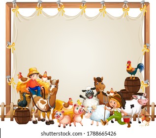 Canvas wooden frame template with animal farm set isolated illustration