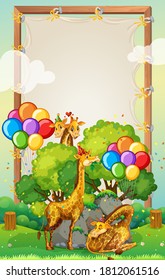 Canvas wooden frame template with giraffes in party theme on forest background illustration