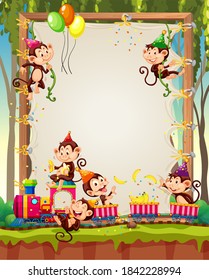 Canvas wooden frame template with monkeys in party theme on forest background illustration