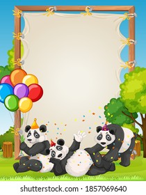 Canvas wooden frame template with pandas in party theme on forest background illustration
