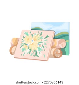 Toiles avec dessins ensemble d'illustrations vectorielles. Caricatures carrées isolées enveloppant dans une toile avec des images de la nature prises dans un studio d'art, des rouleaux de papier plié avec des oeuvres d'artistes et de peintres