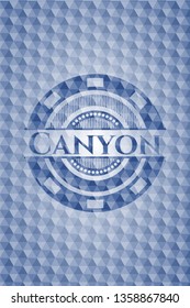 Canyon blue emblem with geometric pattern background.
