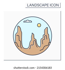 Canyon color icon. Deep gorge, narrow valet indentation with steep sides. Landscape concept.Isolated vector illustration