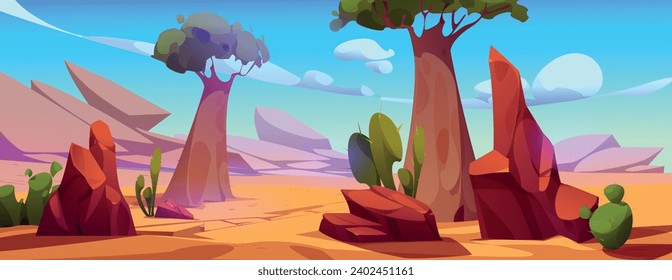 Canyon desert landscape with baobab tree and cacti. Vector cartoon illustration of wild terrain with rocky stones, yellow sandy ground with dry cracks, exotic plants, dunny blue sky with clouds