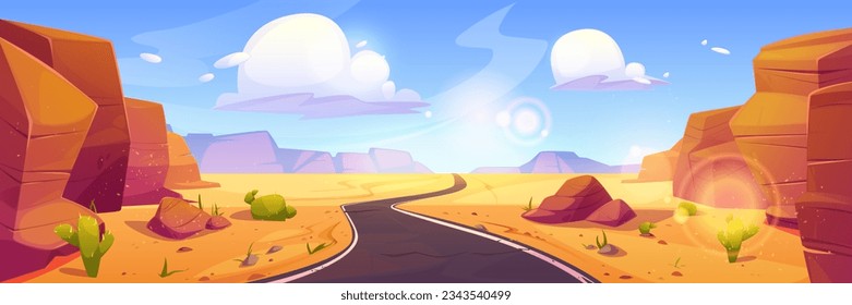 Canyon desert landscape with road perspective. Vector cartoon illustration of sandy valley with cacti and rocky stones walls under blue sky with clouds, sun flares, summer travel to western wilderness