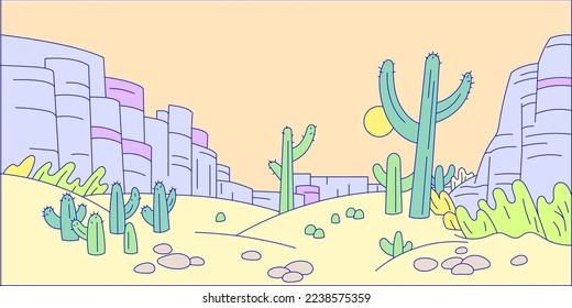 Canyon desert place, landscape natural mountain range and chain hill, wilderness sunrise with wild cactus cartoon line vector illustration.