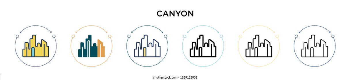 Canyon icon in filled, thin line, outline and stroke style. Vector illustration of two colored and black canyon vector icons designs can be used for mobile, ui, web