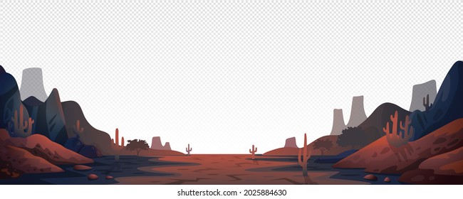 Canyon landscape background. Panoramic landscape with desert mountains on transparent background. Vector illustration in flat cartoon style.