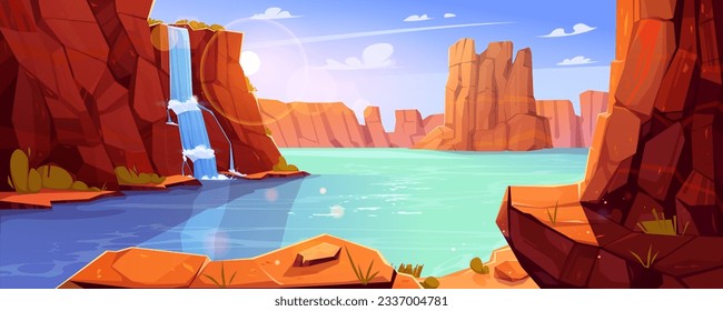 Canyon landscape with river and waterfall. Vector cartoon illustration of water flowing between rocky mountains, green grass on stone cascade, sun shining in blue sky with clouds, prehistoric scenery