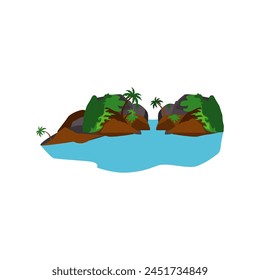 Canyon landscape with river and waterfall. Vector cartoon illustration of water flowing between rocky mountains, green grass on stone cascade, sun shining in blue sky with clouds, prehistoric scenery