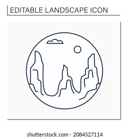 Canyon line icon. Deep gorge, narrow valet indentation with steep sides. Landscape concept.Isolated vector illustration. Editable stroke