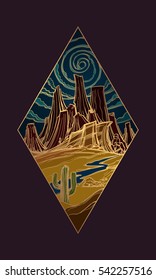 Canyon and the mountains fantastic post-apocalyptic landscape icon. Wildlife diamond-shaped logo. Night landscape in acid colors with a gold outline.