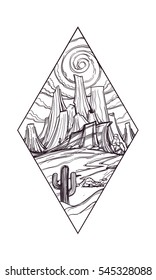 Canyon and the mountains fantastic post-apocalyptic landscape icon. Wildlife diamond-shaped logo. Black and white outline drawing for coloring.