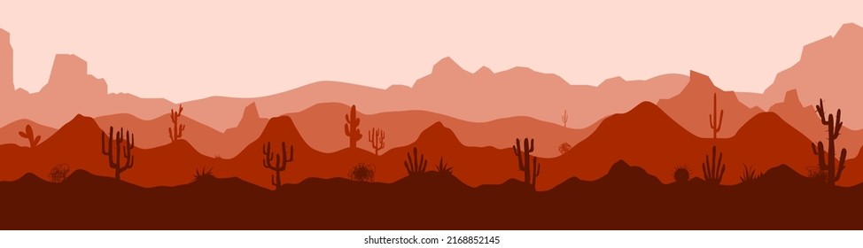 Canyon panorama with cactus and mountains. Horizontal panoramic seamless banner in dark and light red tones. Flat vector illustration.