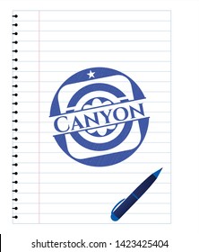 Canyon pen emblem. Blue ink. Vector Illustration. Detailed.