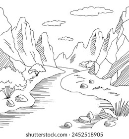 Canyon River Grafik Schwarz Weiß Wüste Berglandschaft Skizze Illustration Vektorgrafik 