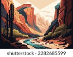 Canyon with a river running through it. Vector illustration in flat style