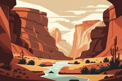 Canyon With A River Running Through It. Desert Landscape With Cactus And River. Vector Cartoon Illustration