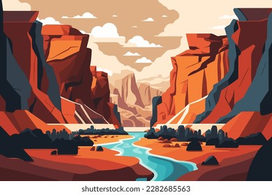 Canyon mit einem Fluss, der durch ihn fließt. Vektorgrafik in Flachstil