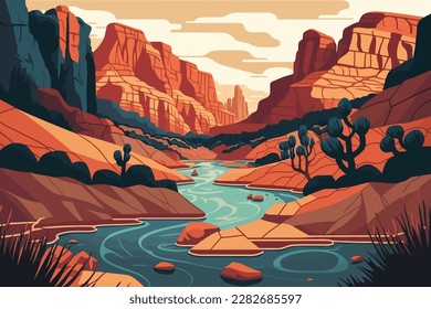 Canyon mit einem Fluss, der durch ihn fließt. Vektorgrafik in Flachstil