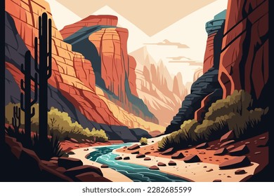 Canyon mit einem Fluss, der durch ihn fließt. Vektorgrafik in Flachstil