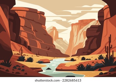Canyon with a river running through it. Desert landscape with cactus and river. Vector cartoon illustration