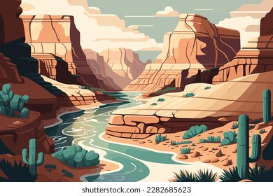 Canyon with a river running through it. Vector illustration in flat style.