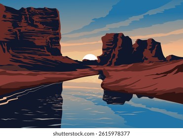 Canyon sunset illustration with river