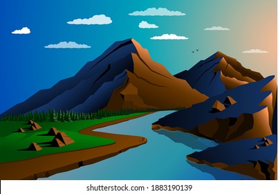 Canyon at sunset vector illustration for posters, website designing, Wallpaper, printing and boucher designing.