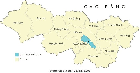 Cao Bang (Cao Bằng) province of Vietnam administrative divisions map. Clored. Vectored. Types of districts