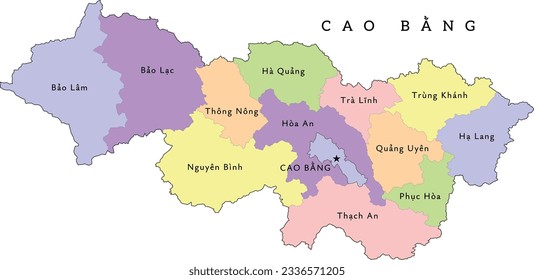 Cao Bang (Cao Bằng) province of Vietnam administrative divisions map. Clored. Vectored. Bright colors