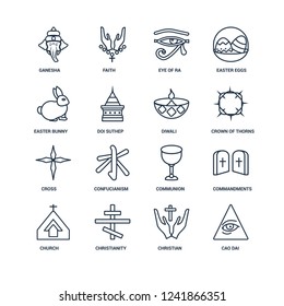 Cao dai, Christian, Christianity, Church, Commandments, Ganesha, Easter bunny, Cross, Diwali outline vector icons from 16 set