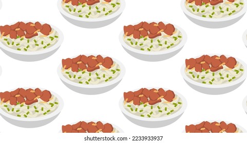 Cao Lau. Vietnamese noodles with meat. Seamless pattern in vector. Asian food.