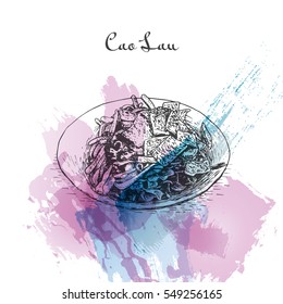 Cao Lau watercolor effect illustration. Vector illustration of Vietnamese cuisine.