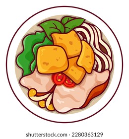 Cao lầu vietnamese food noodles illustration vector. Asian vietnam noodles soup food icon top view.
Vietnamese noodles soup with braised  pork top view cartoon. 
Vietnam food menu icon vector.