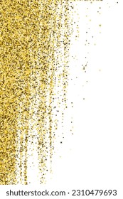 Caotic gold confetti dot scatter texture. Triangle square circle star granules background. Party materials. Glowing scruple elements grain confetti. Party decoration gleaming explosion