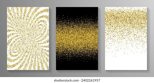 Caotic gold confetti dust scatter pattern. Triangle square circle star elements background. Party materials. Uneven grit granules powder confetti. Holiday decoration sequins splatter