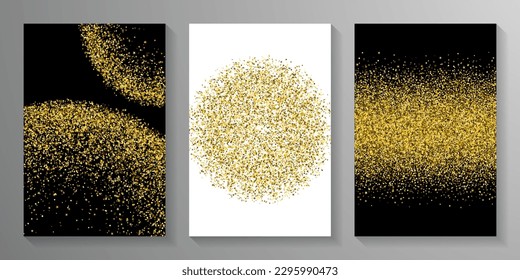 Caotic gold confetti grain scatter texture. Triangle square circle star particles flying. Banner template. Blink grit elements dot confetti. Birthday decoration spark splash