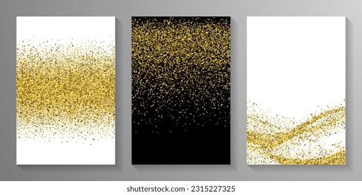 Caotic gold confetti powder scatter pattern. Triangle square circle star granules vector. Banner template. Uneven crumb elements dust confetti. Holiday decoration gleaming splatter