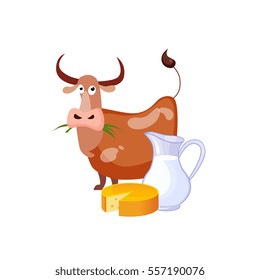 Caow Eating Grass And Dairy Food, Milk And Cheese, Farm And Farming Related Illustration In Bright Cartoon Style