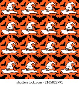 cap, bat seamless background. Halloween cap witch - illustration. hat wizard flat style isolate