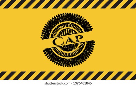 Cap black grunge emblem inside yellow warning sign. Vector Illustration. Detailed.