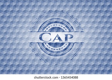 Cap blue emblem or badge with abstract geometric pattern background.
