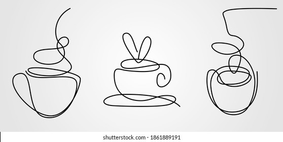 Cap of coffee sketch. Mug of tea outline icon. Hot drink single line sign. Hand drawn one line beverage. Americano, espresso, cappuccino, latte doodle. Vector illustration.