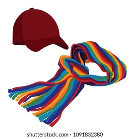 cap color burgundy and scarf multicolored, illustration. Vector, isolated