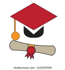 A cap and with degree diploma roll . Concept of academic accomplishment - Educational illustration - vector , icon 